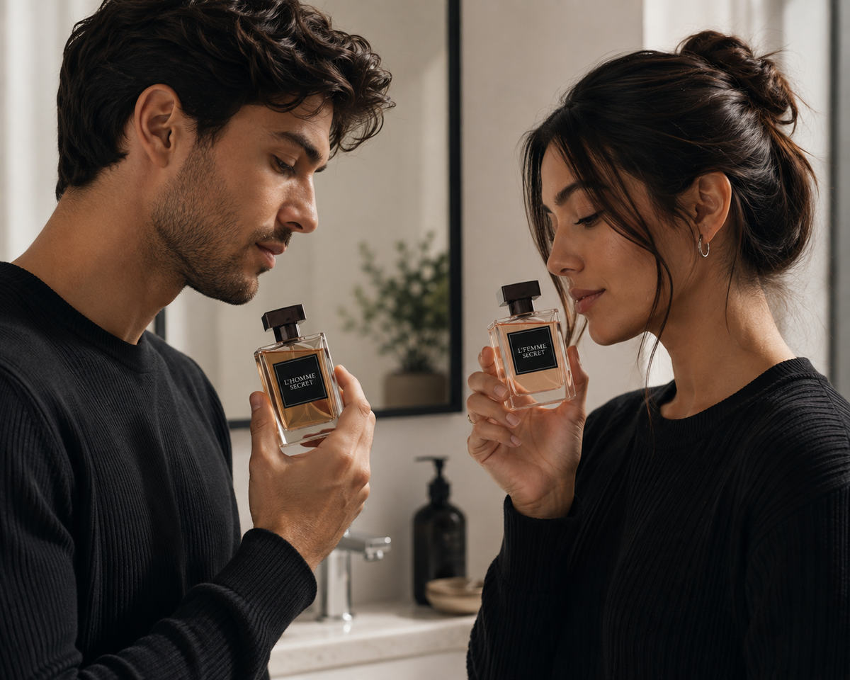 Man and woman each holding a bottle of designer fragrance