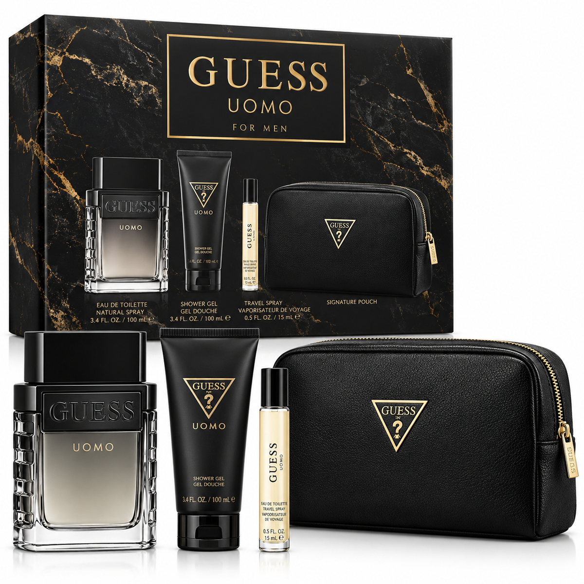 Guess Uomo Holiday 4 Piece Gift Set for Men – 3.4 oz EDT, 3.4 oz Shower Gel, 0.5 oz Travel Spray & Pouch