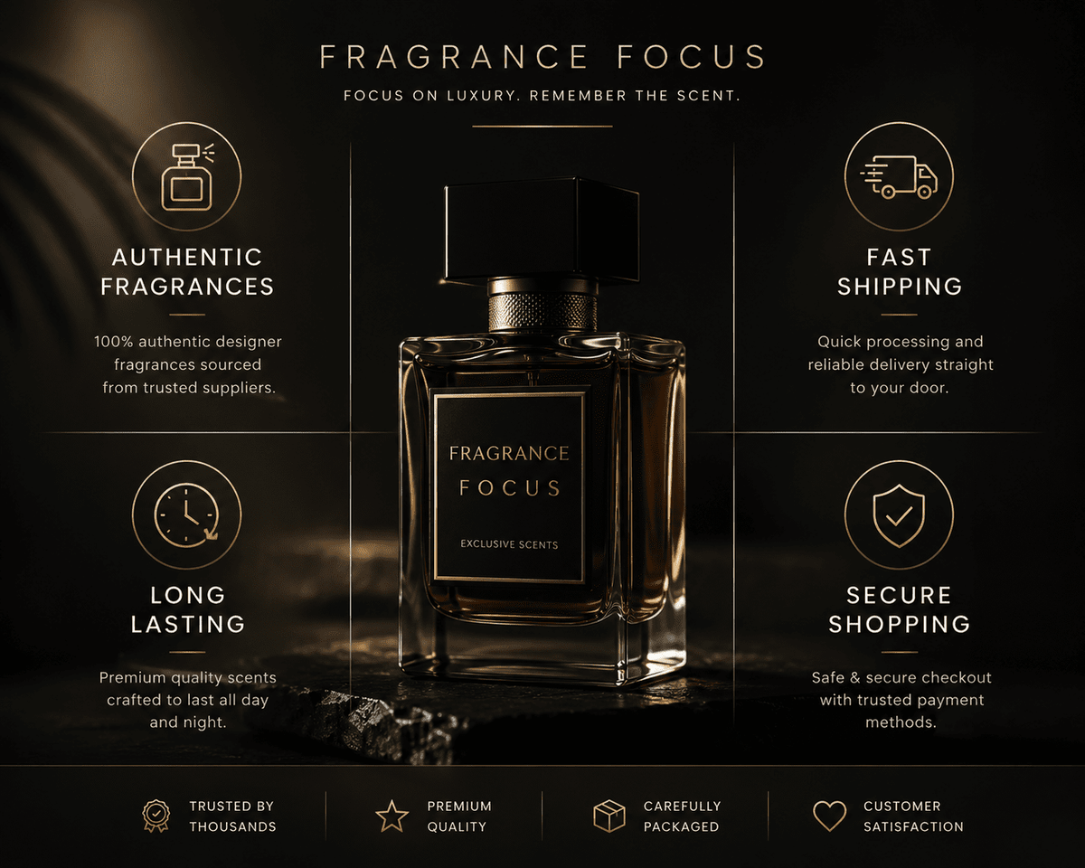 Perfume bottle with 'Fragrance Focus' branding