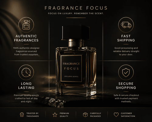 Perfume bottle with 'Fragrance Focus' branding