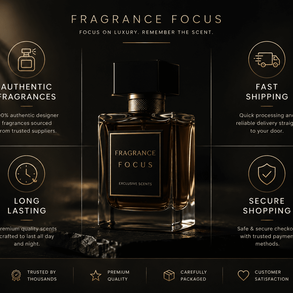 Perfume bottle with 'Fragrance Focus' branding
