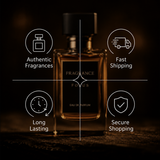 Perfume bottle with icons and text highlighting features