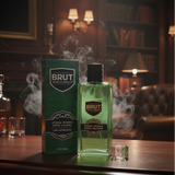 BRUT cologne bottle and packaging on a wooden surface with a smoky background