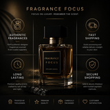 Fragrance bottle with 'Fragrance Focus' branding on a dark background, featuring product 